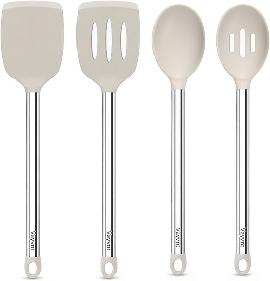 Vayvnt 4PCS Silicone Kitchen Cooking Utensils Set for Nonstick Pan, Khaki | Slotted Solid Turner Spoon, Stainless Steel Handle, Heat Resistant Up to 480℉, Non-toxic, Odorless, Dishwasher Safe