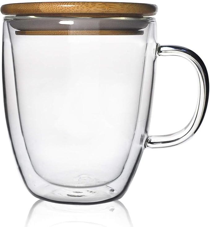 Glass Coffee Mug Double-walled Borosilicate Glass Cup for Hot or Iced Coffee, Milk, Tea (16 Oz Bamboo Lid)