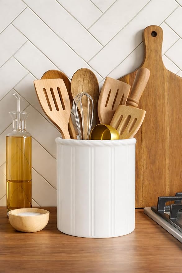 Ceramic Utensil Holder for Kitchen Counter, Modern Kitchen Utensil Holder with Cork Bottom for Countertop, Cooking Tool Organizer for Spatula, 6.3” H x 5.5 ”D, Matte White