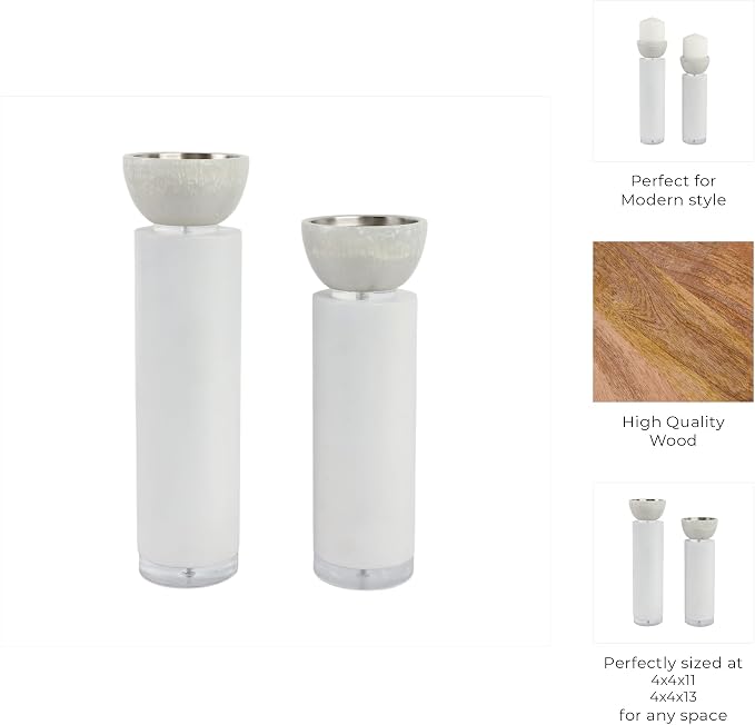 Elegant Pillar Candle Holders for Home Decor - Modern Candlestick Holders for Dining Table Centerpieces, Entryway, or Console - Decorative Candle Stand Holders for Shelf Set of 2-13", 11" White