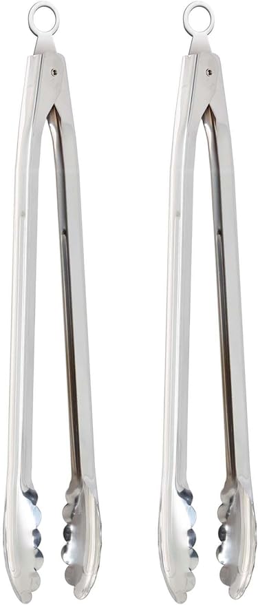 HIC Kitchen Spring Locking Kitchen Cooking Serving Tong, Scalloped Gripping Edge, Stainless Steel, 16-Inch, Set of 2