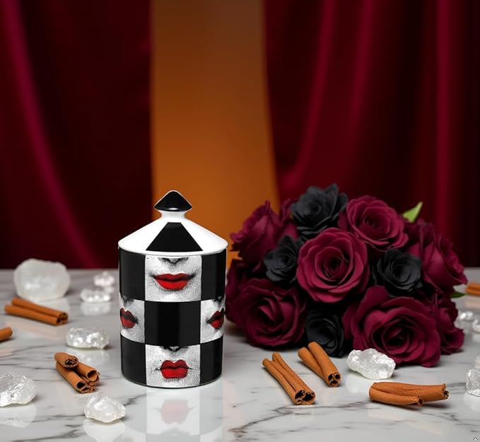 Decorative Candle Holder Handcrafted Aromatherapy Candle Jar Italian Designer Décor Fashionable Tabletop Vase Modern Art Female Face Eyes Lips Centerpiece. (Red Lips Black Squares)