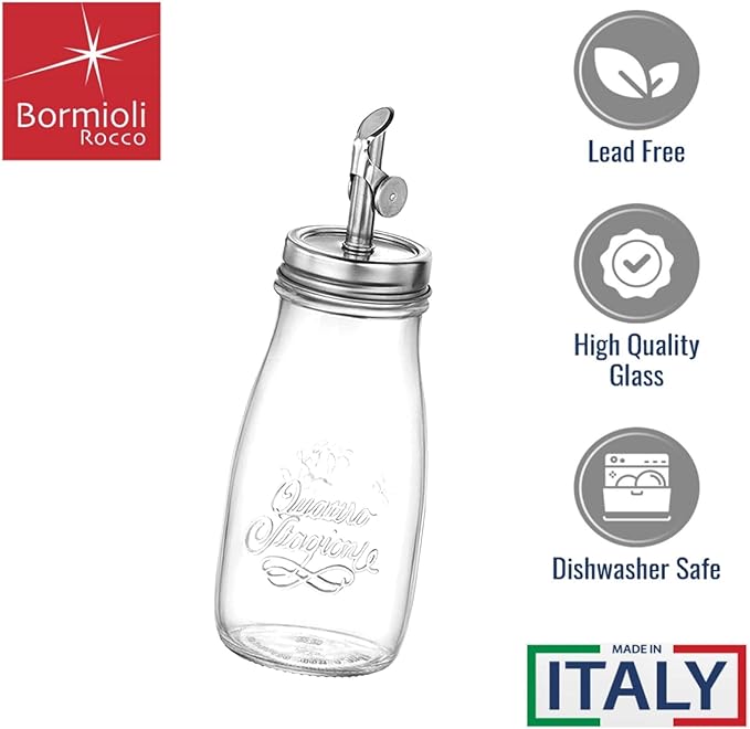 Bormioli Rocco 13.5 oz Quattro Stagioni Oil Dispenser, Set of 2 – Lead-Free Glass Bottles with Weighted Pour Spout for Oil, Vinegar, Syrup & Cocktail Mixers, Durable Kitchen & Bar Containers