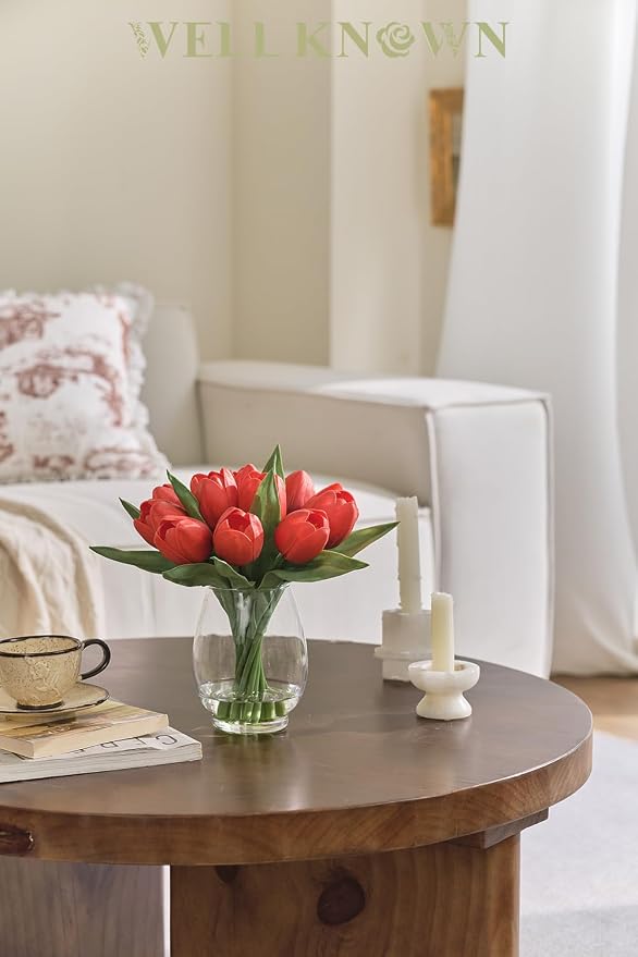 WELL KNOWN 12 Pcs Fake Red Tulips Artificial Flowers in Vase with Faux Water, Real Touch Foam Tulips Arrangements with Vase for Home Office Decor, Dining Table Wedding Centerpiece (Coral Red)