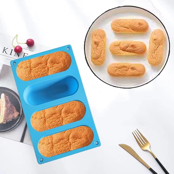 Hot Dog Bun Pan - 2 Pack 4 Cavity Silicone Molds, Non-stick French Bread Pan, Baguette Baking Tray for Sandwich Bun Rolls