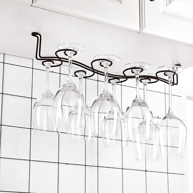 CAKERS Creative Hanging Stemware Display Rack|Screw Mount Iron Art Under Cabinet Wine Glass Rack|Glassware Drying Storage Hanger For Kitchen,Bar And Restaurant,Bronze,Large-50cm(19.6in)