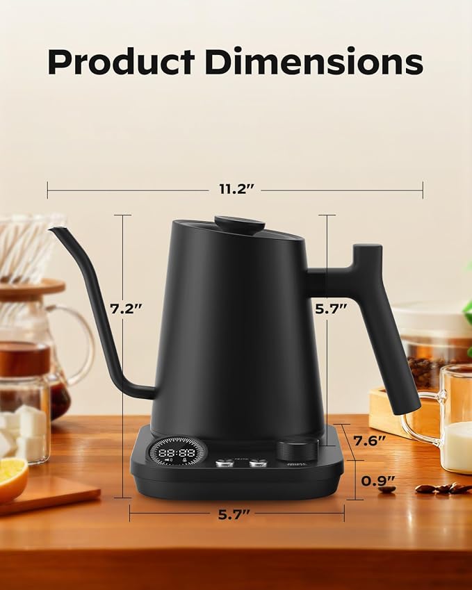 Silonn Gooseneck Kettle, Electric Kettle with ±1°F Precise Temperature Control, Pour-Over Coffee,100°C Hold for 4-Hour Warmth, LED Brew Timer and 7 Presets, 304 Stainless Steel Kettle, 1200W/0.9L