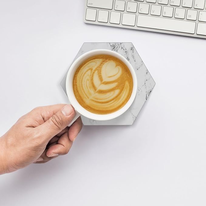 White Marble Drinks Coasters Absorbent Stone with Holder Set of 6, Abstract Luxury ModernWhite Grey/Gray Marble Hexagon Ceramic Coaster for Coffee Table Protection (Hexagonal)