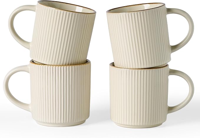 famiware Coffee Mug Set for 4, Star 12 oz Catering Mugs Cup Set with Handle for Coffee, Tea, Cocoa, Milk - Ceramic Stoneware Drinkware Set, Vanilla White
