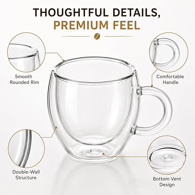 2.5oz Espresso Cups Set of 6, Small Expresso Shot Glass, Clear Expresso Coffee Cup with Handle, Double Wall Insulated Espresso Mugs,Tazas De Cafe Expreso, Suif for Espresso Machine Accessories