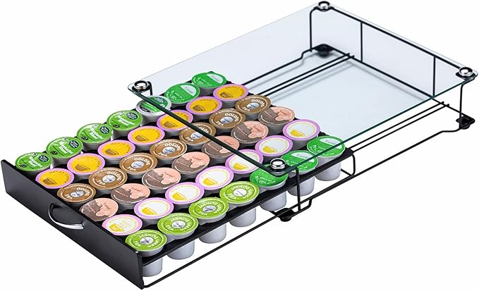 ZCDCP K Cup Holder Drawer Storage,with Crystal Tempered Glass Top,Compatible with K-Cups,Office Kitchen Counter Organizer,(42 pods)