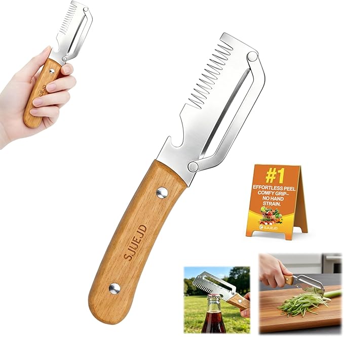 Multifunctional Vegetable Peeler for Kitchen Tool Wooden Smooth Handle and Bottle Opener, Made of Stainless Steel 2 in 1 Potato Garlic Cucumber Orange Pumpkin Fruit (Shredded Style(1pc))