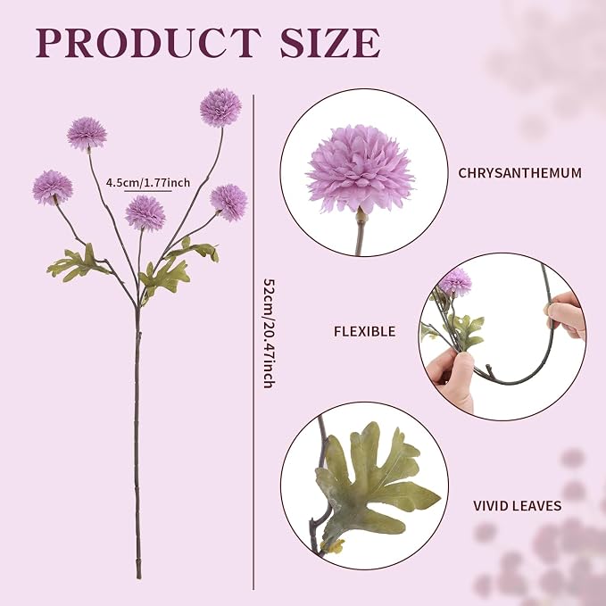 DuHouse 6pcs Artificial Flowers Faux Silk Pompon Mum,Silk Small Mini Chrysanthemum Ball with Stems for DIY Bouquets Centerpieces Vase Home Table Kitchen Decorations(Purple)