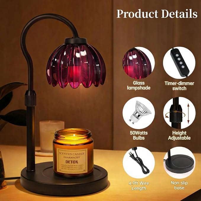 Candle Warmer Lamp,Adjustable Height with 2 Bulbs，Boho Glass Candle Lamp with Dimmer & Timer, Flameless Fragrance Diffuser for Scented Wax Melts, Mothers Day and Birthday Gifts for Home, Office