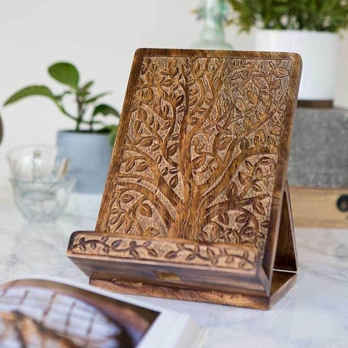 Hand-Carved Tree of Life Cookbook Stand - Adjustable & Foldable Reading Holder/Kitchen/Office/Desk