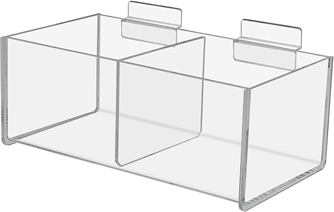 Clear Acrylic Slatwall Tray 8" Wide 2 Compartment Hanging Retail Display Bin for Small Merchandise Candies Beauty Supplies by Marketing Holders