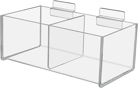 Clear Acrylic Slatwall Tray 8" Wide 2 Compartment Hanging Retail Display Bin for Small Merchandise Candies Beauty Supplies by Marketing Holders