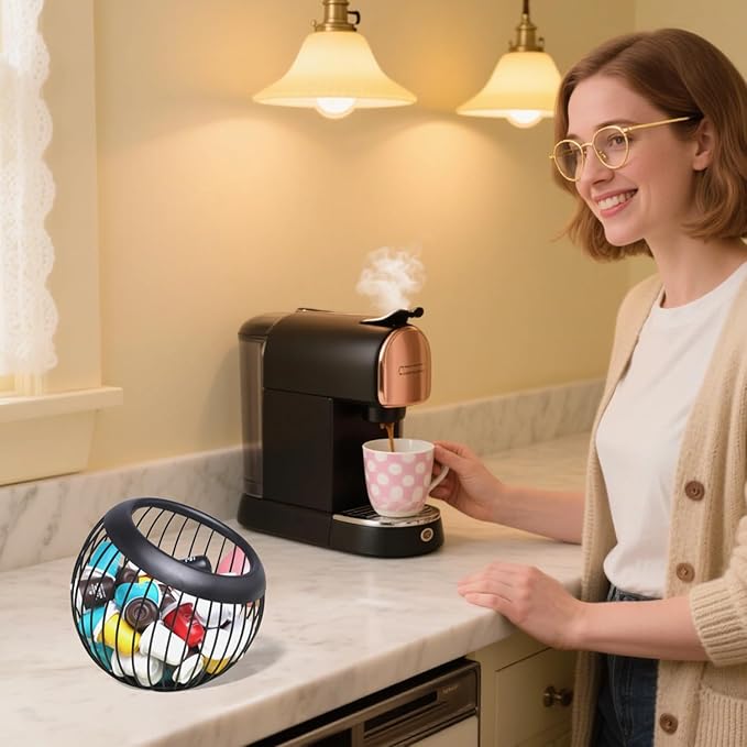 Metal Coffee Pod Holder Wire Coffee Pods Storage Basket Espresso Capsule Storage for Home Kitchen Cafe Hotel (Black spherical)