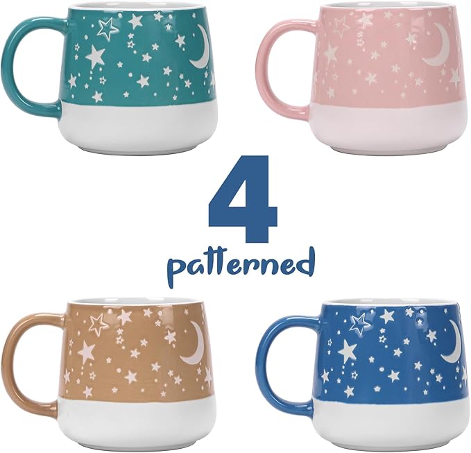 Schliersee Moon and Star Coffee Mugs Set of 4, 16 OZ Porcelain Mug, Cute Tea Cup, for Latte, Tea, Cappuccino, Mocha, Cocoa, Espresso Cup Mug Present, Microwave Safe and Dishwasher Safe
