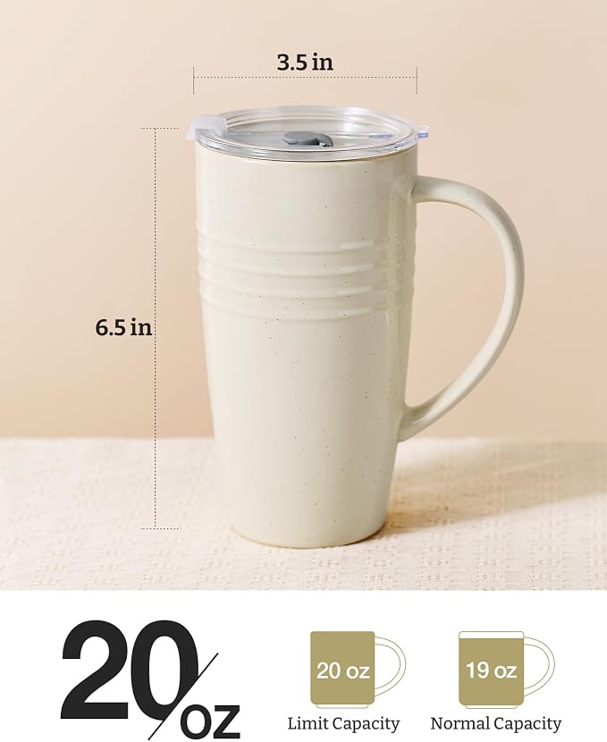 famiware Jupiter Large Coffee Mug, 20oz Coffee Mug with Lid, Ceramic Mugs Set of 2, Cup Set with Handle for Latte, Tea, Cocoa, Milk, Microwave and Dishwasher Safe, Light Pink and Vanilla White