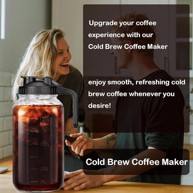 2 Set 64 oz (2 Quart), Black Cold Brew Coffee Maker, Iced Tea Machines, Thick Glass with Pour Spout Handle Lid, Stainless Steel Filter for Iced Coffee, Fruit Drinks or Sun Tea (2)