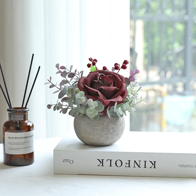 Small Artificial Burgundy Rose Potted Plant, 6" Fake Silk Flowers in 3.5" Round Pot, Mini Faux Floral Arrangement for Desk Shelf Bathroom Decor