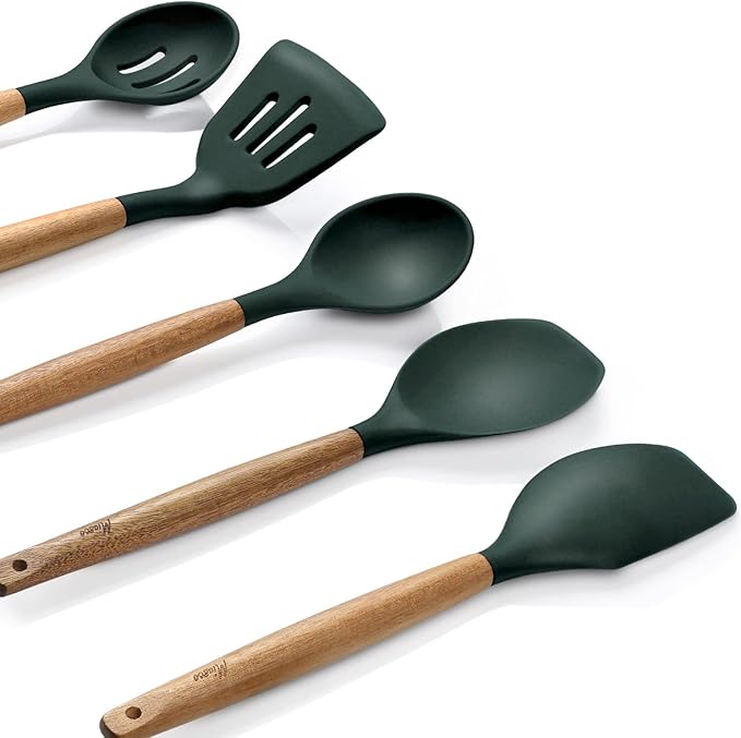 Non-Stick Silicone Cooking Utensils Set with Natural Acacia Hard Wood Handle, 5 Piece, High Heat Resistant (Green)