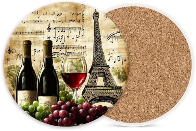 Ceramic Drink Coasters Absorbent Set of 1, Wine Grapes and Eiffel Tower Round Anti Slip Modern Cup Coasters for Desk Kitchen Office Housewarming Hostess Gifts (4 * 4 Inch)