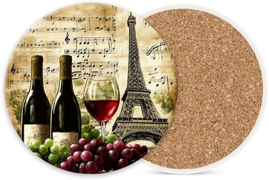 Ceramic Drink Coasters Absorbent Set of 1, Wine Grapes and Eiffel Tower Round Anti Slip Modern Cup Coasters for Desk Kitchen Office Housewarming Hostess Gifts (4 * 4 Inch)