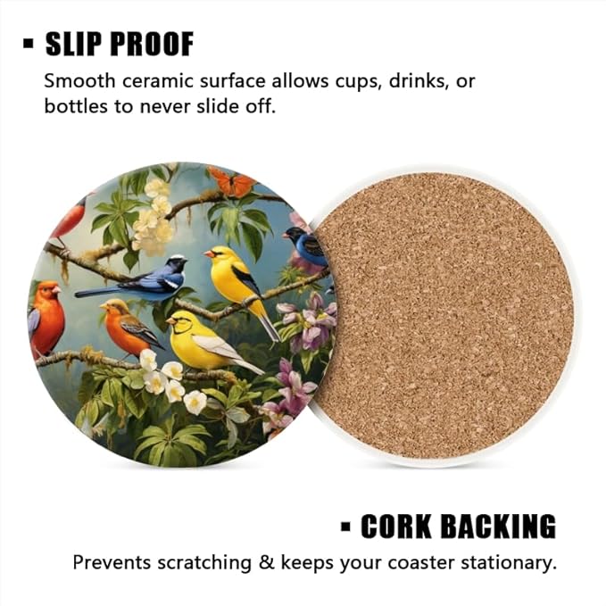 Ceramic Stone Cork Coasters for Drinks Tableware, Vibrant Birds Perched on Tree Branches Round Absorbent Durable Aesthetic Art Cup Mat Protects Tables and Surfaces Set of 1 (4 * 4 Inch)
