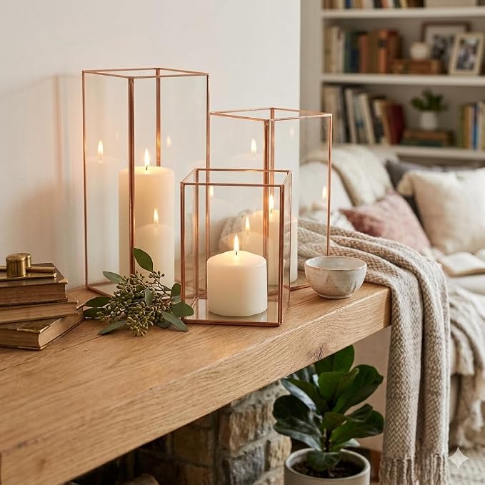Koyal Wholesale 3PC Copper Candle Holder Lantern, Geometric Hurricane Candle Holder for Wedding Centerpieces, Table Decorations, Copper Lantern Decor for Events, Parties, and Home Centerpiece Display