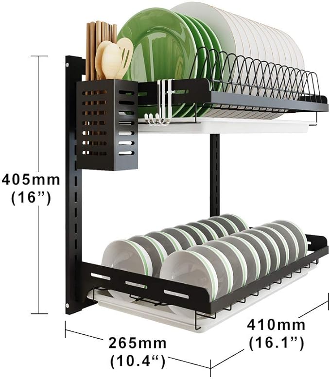 junyuan Kitchen Dish Rack,Hanging Dish Drying Rack Organizer Storage Shelf Over Sink,2 Tier Wall Mount Bowl Holder with Drain Tray and Silverware Stainless Steel Black Coating Ajustable Height