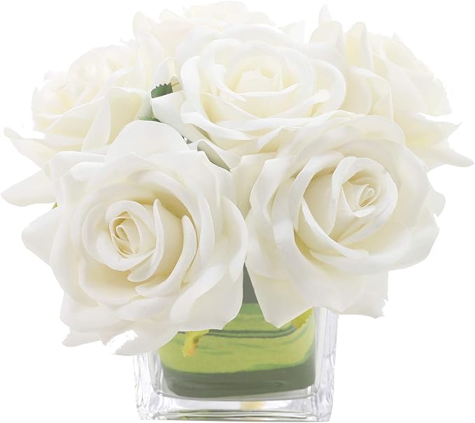 Fule Artificial Velvet Rose Flower Centerpiece Arrangement in vase for Home Wedding Decoration (Ivory)