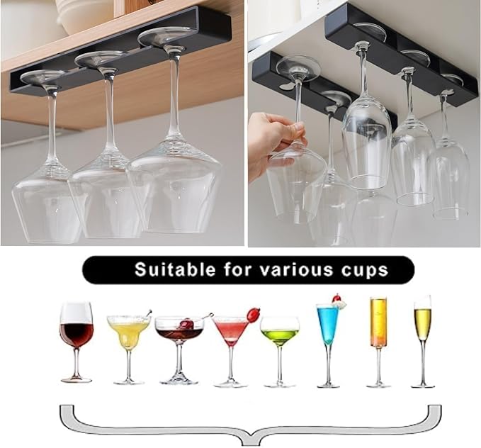 2Pack Wine Glass Holder Under Shelf Cabinet Wine Glass Rack Plastic Stemware Rack Glasses Storage Hanger Bar Kitchen Wine Glasses Organizer (black)