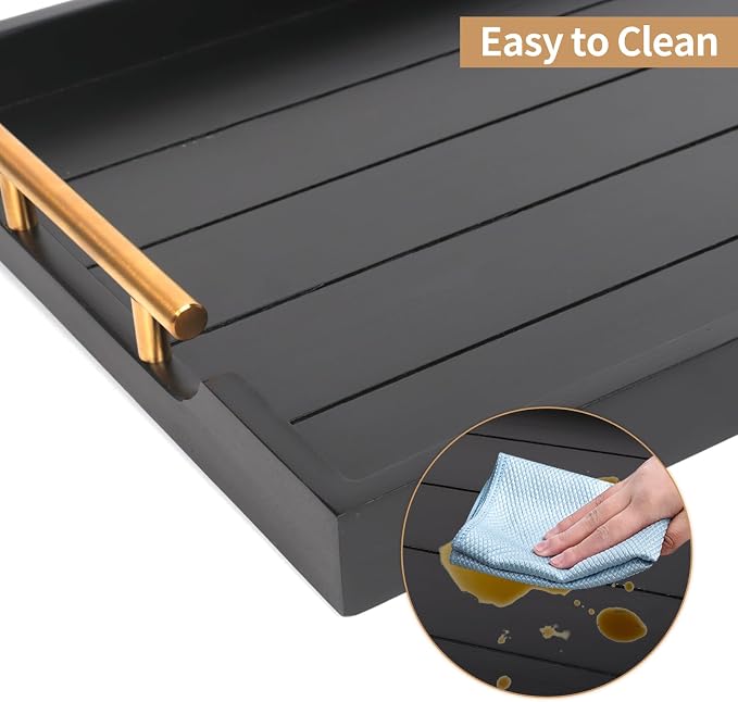 SXNOWS Coffee Table Trays - Large Ottoman Tray for Living Room -Wood Serving Tray with 2 Sets of Handles - Wooden Tray for Coffee Table, 4 Round Coasters Included, Black