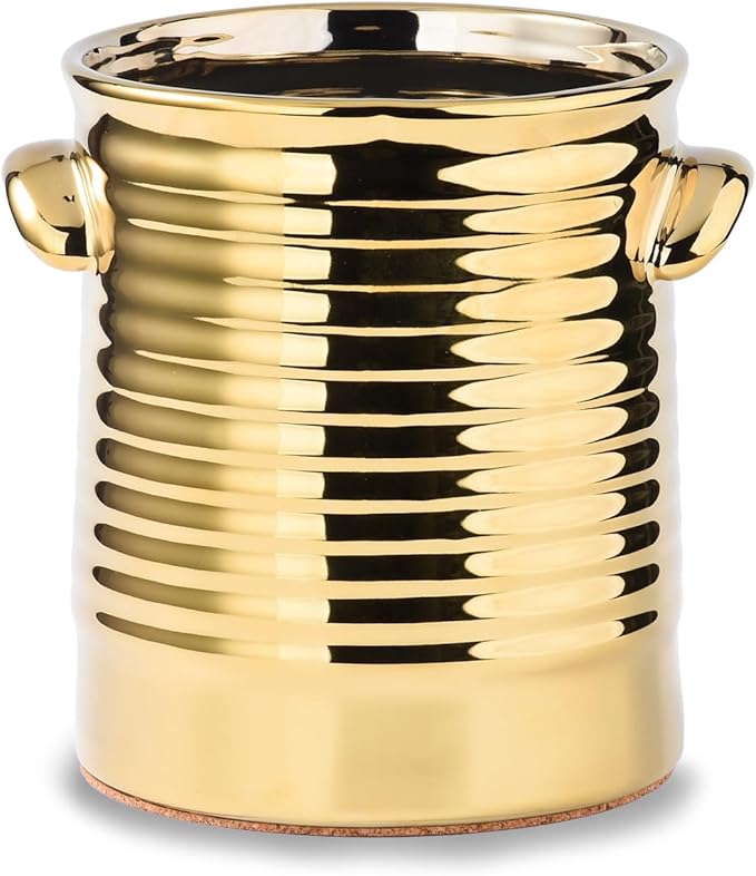 Gold Utensil Holder for Countertop, 6.4" Ceramic Utensil Holder for Kitchen Counter, Large Embossed Cooking Utensil Crocks for Kitchen Decor, Utensil Organizer with Cork Bottom for Housewarming Gifts