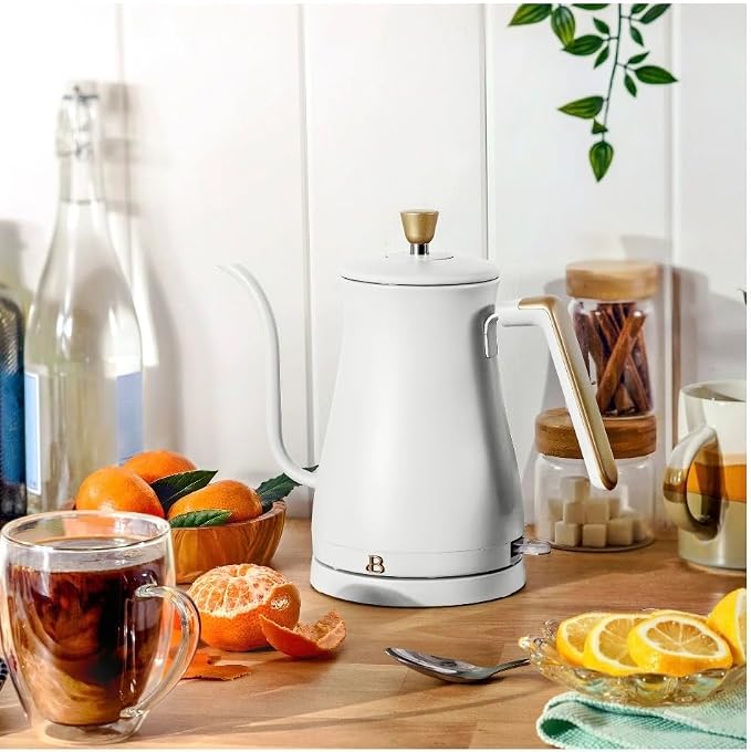 Beautiful Electric Gooseneck Kettle, 1 Liter, 1200W, Stainless Steel Interior, Fast Boil, Precision Pour Spout, Auto Shut-Off & Boil-Dry Protection (White)
