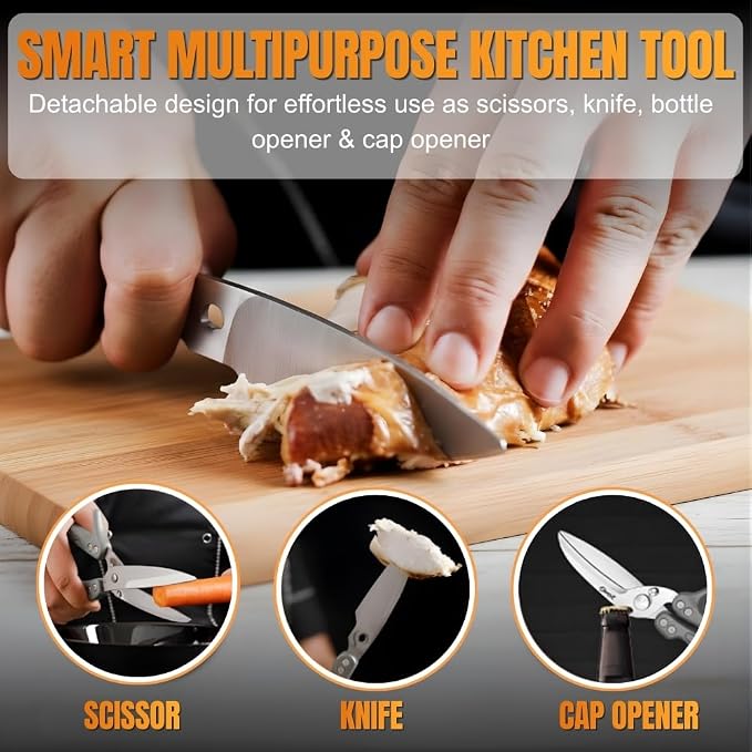 Poultry Shears Heavy Duty Professional, Turkey Shears for Chicken & Bone Cutting, Meat Cutting Scissors, Spring-Loaded Multi-purpose Kitchen Scissors, Dishwasher Safe, Non-Slip Handle, Silver