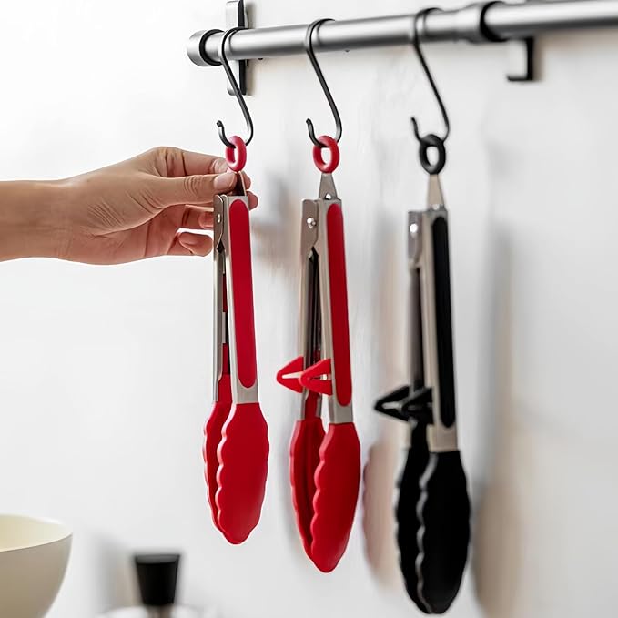 Kitchen Tongs, 9 Inch Tongs for Cooking with Silicone Tips, Food Grade Mini Serving Tong for Nonstick Pans, BBQ, Salad, Set of 3, Red