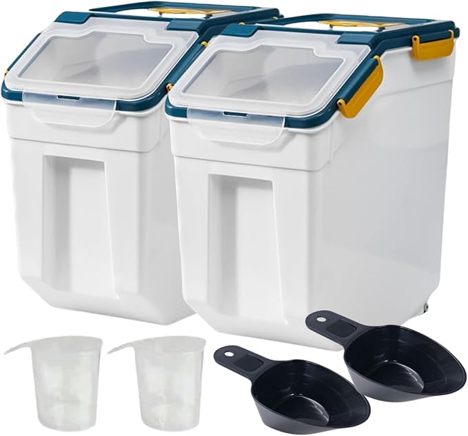 Saim Rice Storage Container 50 lbs, 2 Pack Airtight Flour Storage Containers Bin with Measuring Cup & Scoop, BPA Free Plastic Rice Dispenser for Flour, Rice, Grain Holder (Dark Blue)