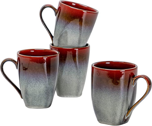 HENXFEN LEAD Coffee Mugs Set of 4 - Ceramic Cups 10 Oz with Large Handle for Coffee, Soup, Tea, Milk, Latte and Cocoa, Mug Gift Set Microwave & Oven, Dishwasher Safe - Red