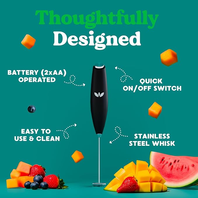 Simply Blossom - Milk Frother - Electric Handheld Mixer & Drink Stirrer – Frothing Wand for Greens, Coffee, Matcha, Protein – Stainless Steel, Battery Operated