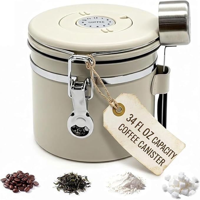 Kitchen Airtight Coffee Storage Canister: 34 Fl Oz Stainless Steel & PP - Food Storage Containers with Lids & 10g Spoon for Kitchen Storing Coffee Beans Flour Sugar Tea Cereal Spice