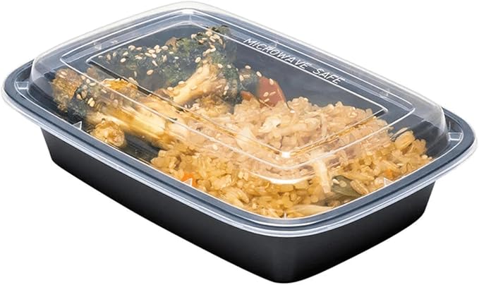 28oz Disposable Black Meal Prep/Bento Box with Clear Dome Lids | Leak Resistant Single Compartment Food Storage Boxes | BPA Free Plastic Microwave Freezer Safe | 300 Count