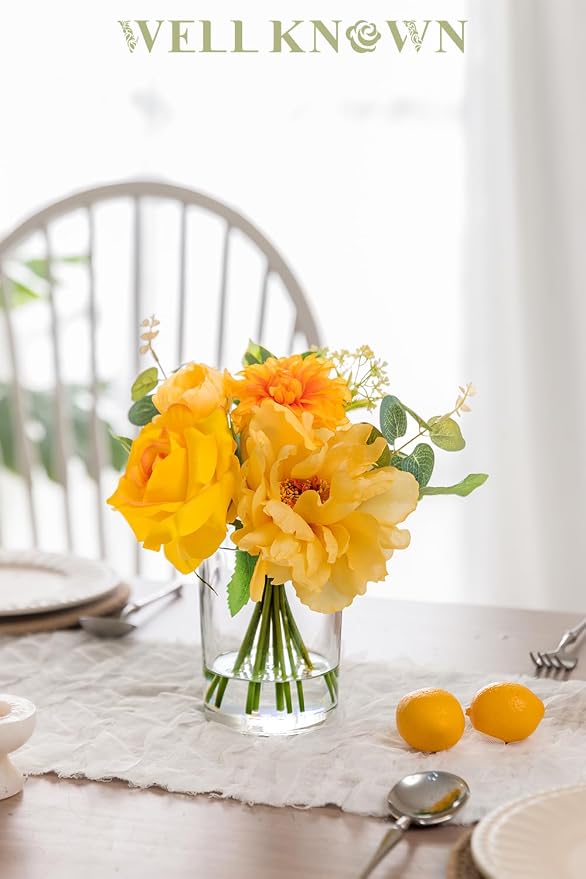 WELL KNOWN Artificial Flowers in Glass Vase with Fake Water, Silk Peony Rose Flower Bouquet for Home Dining Table, Office, Hotel, Wedding, Birthday Party, Lavatory Decor & Mom's Gift (Yellow & Orange)