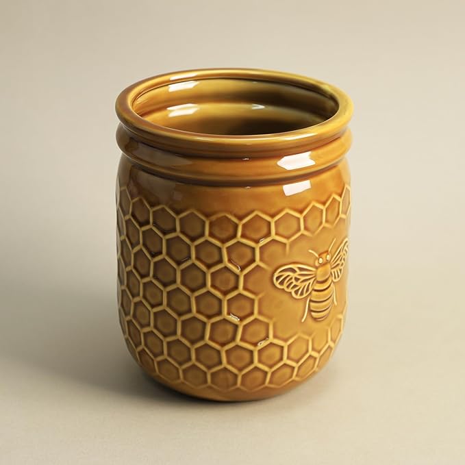 Retro Honeycomb and Bee Embossed Ceramic Kitchen Utensil Holder, Large Cooking Utensil Crocks for Kitchen Countertop, Ceramic Utensil Organizer for Spatula, Kitchen, Home Decoration
