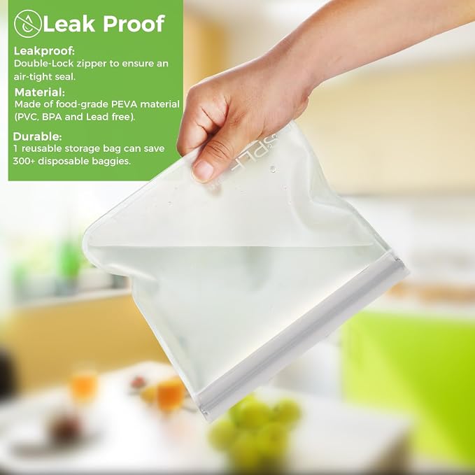 SPLF 10 Pack Reusable Sandwich Bags Dishwasher Safe, Reusable Quart Freezer Bags, Extra Thick Leakproof Food Storage Bags Silicone and Plastic Free for Marinate Meats, Cereal, Lunch, Travel Items Gray