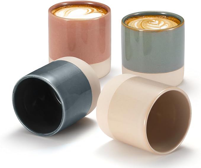 KooK Latte Cups, Ceramic Artisanal Stoneware, No Handle, Japanese Tea Cups, For Coffee, Tea, Cocoa, Microwave and Dishwasher Safe, Multicolor, 10.5 oz, Set of 4