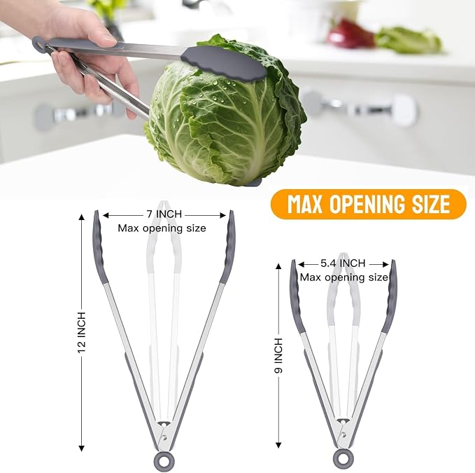 HOTEC Premium Stainless Steel Locking Kitchen Tongs with Silicon Tips, Set of 2-9" and 12" Light Grey