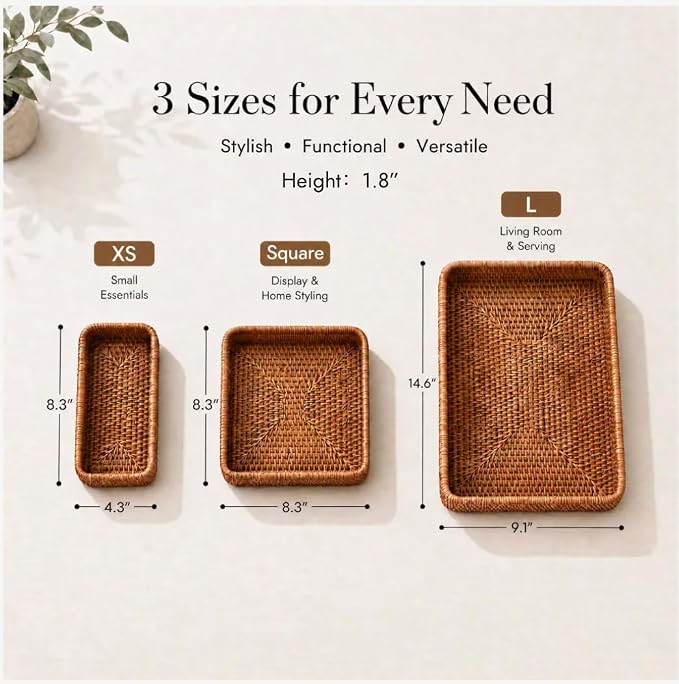 Rattan Tray Set of 3, Rectangular Woven Tray, Wicker Decorative Serving Tray, CoffeeTabletop Vanity Organizer, Bathroom Kitchen Counter, (S 4.3 x 8.3), (M 8.3 x 8.3), (L14.6 × 9.1) (Dark Brown)
